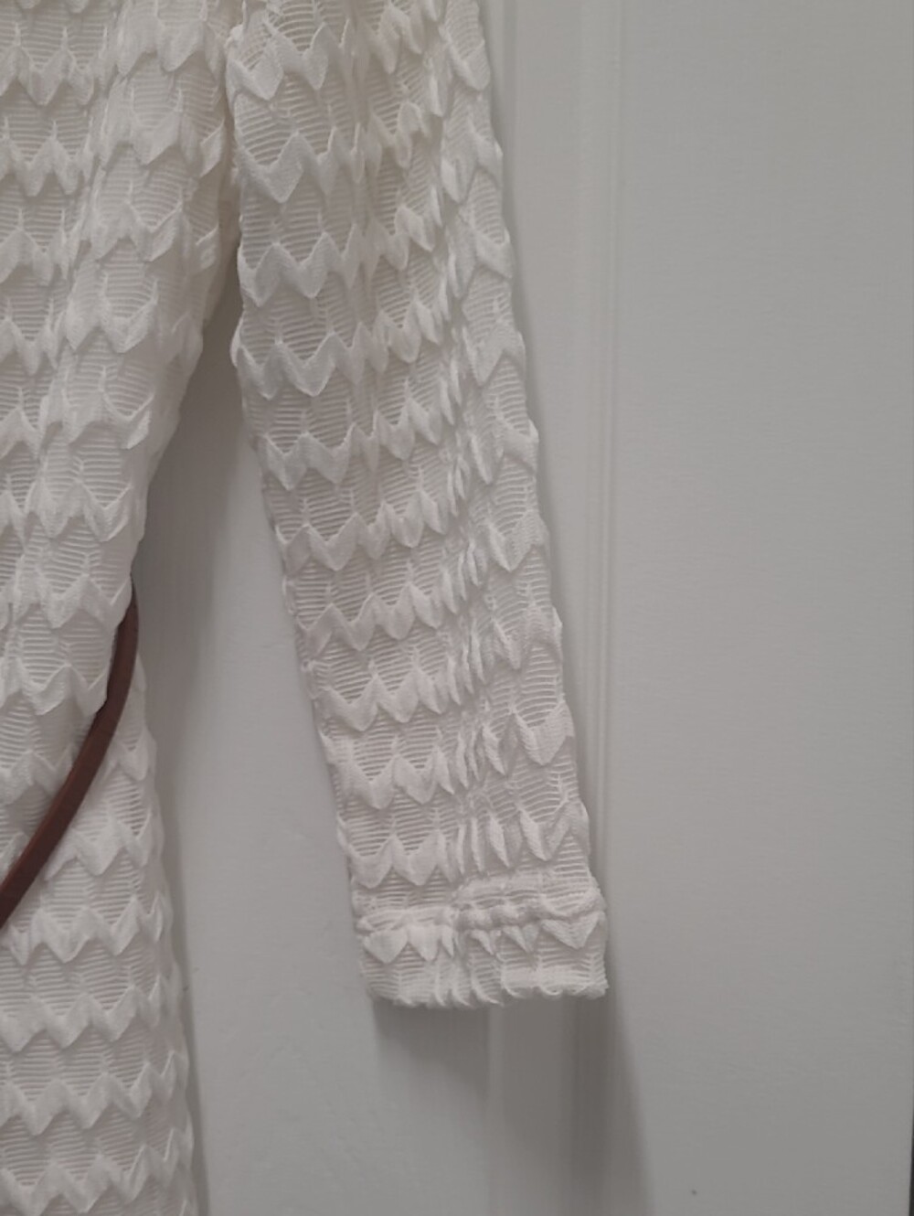 Sharagano White Textured Long Sleeve Dress with Tassel Belt - Picture 3 of 9